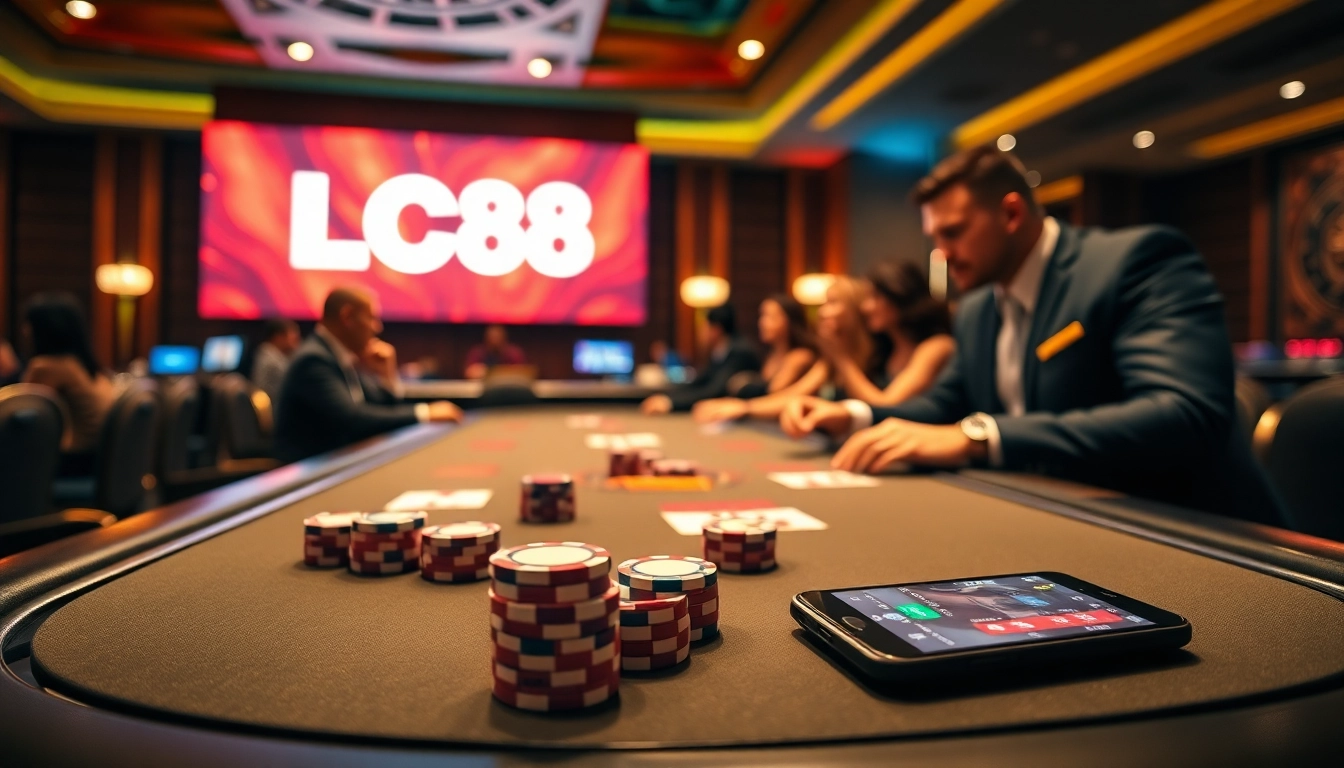 Engaging gaming scene with excitement at LC88 trang chu casino table featuring poker chips.
