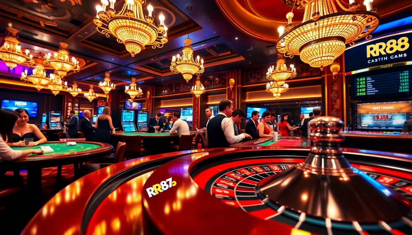Engaging gambling scene at RR88 casino with players enjoying blackjack and roulette.