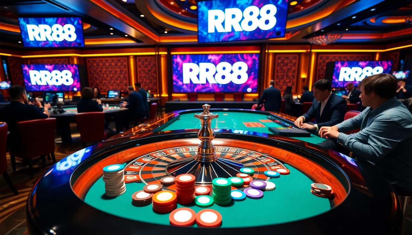 RR88 showcases excitement at a luxury casino table with poker chips and roulette wheel.