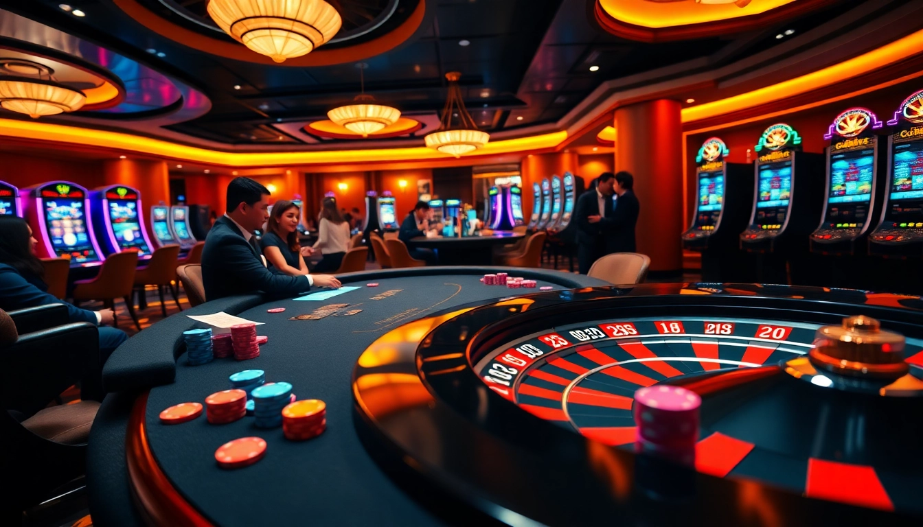 Exciting atmosphere at mu88 casino nhà cái uy tín featuring poker games, roulette wheel, and vibrant slot machines.